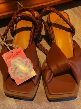 New Sam & Libby Twisted Square Toe Block Heel Size 8 Brown Braided Strap